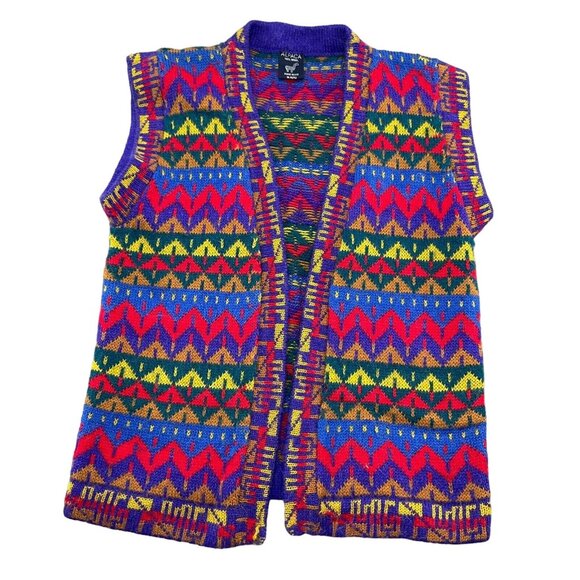 Alpaca Vest‎ Women Small Blue Red Yellow Stripe Sweater Hand Knit Wool Peru VTG - Picture 1 of 8